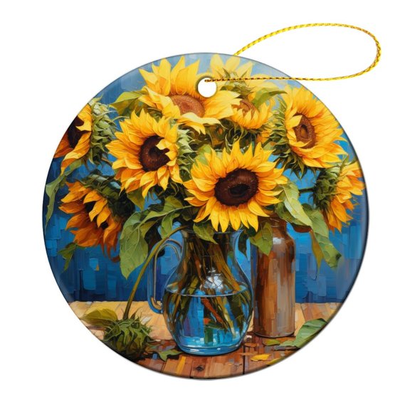 Sunflower Oil Painting Ceramics Ornaments Yellow Sunflower with Green Leaves Double Sided Porcelain 3 Inch Xmas Tree Decorations Flat Circle Ceramic Ornament Merry Xmas for Family & Friends
