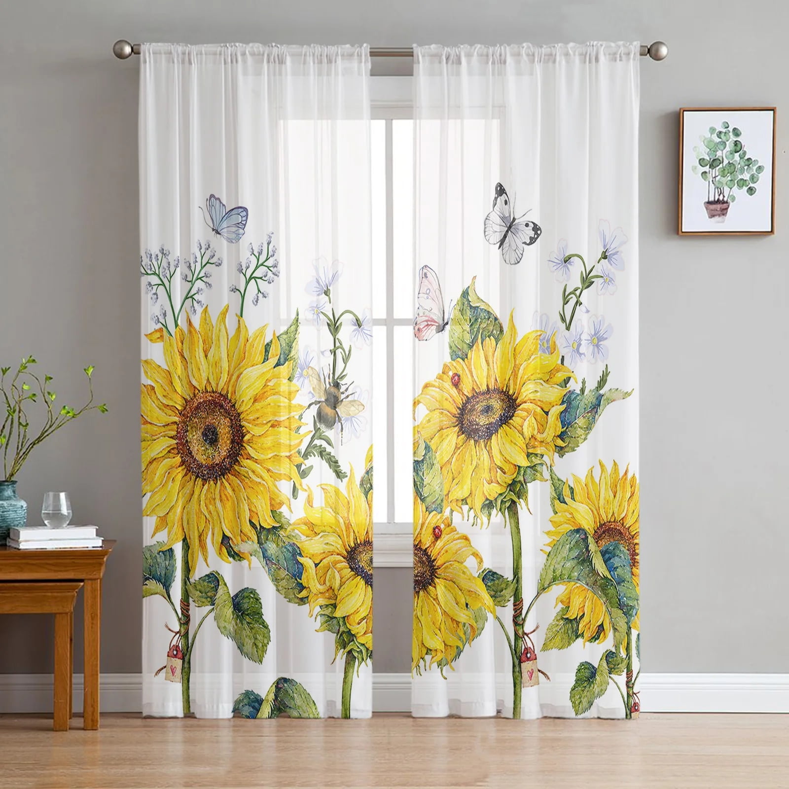 Sunflower Old Newspaper Background Sheer Curtains for Living Room ...