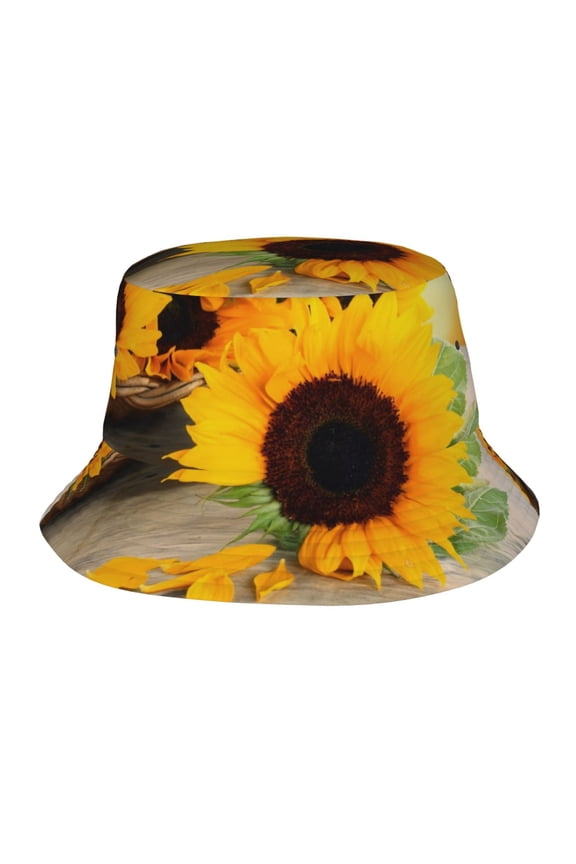 Sunflower On Rustic Wooden in Sunset Bucket Hat for Men Women Fisherman Outdoor Summer Travel Hiking Caps