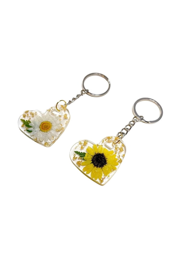 Sunflower Or Daisy Resin Heart Keychain with Gold Flakes, Womens Cute Floral Purse Charm, Teen Driver, Valentines Day Gift For Her, BFF Gift