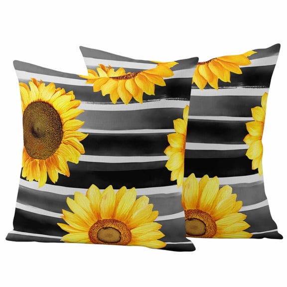 Sunflower Outdoor Pillow Covers 26"x26" Set of 2, Yellow Floral Black Watercolor Strip Summer Waterproof Throw Pillow Covers for Patio Furniture, Decorative Cushion Covers for Porch