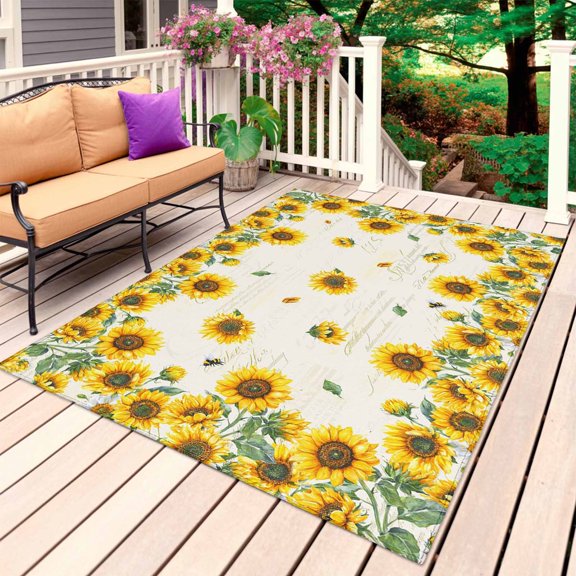 Sunflower Outdoor Rug 3x5 Ft, Non Slip Washable Area Rug, Farm Botanical Floral Retro Bee Patio Rugs Carpet Runner, Large Floor Mat for Indoor/Outdoor Deck Porch Camping