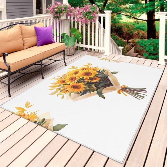 Sunflower Outdoor Rug 3x5 Ft, Non Slip Washable Area Rug, Farmhouse Pastoral Floral Watercolor Plant Patio Rugs Carpet Runner, Large Floor Mat for Indoor/Outdoor Deck Porch Camping