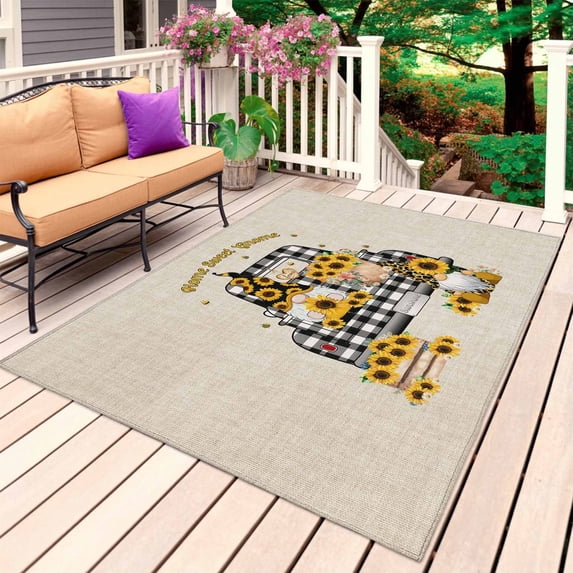 Sunflower Outdoor Rug 3x5 Ft, Non Slip Washable Area Rug, Gnomes Truck Elegant Pastoral Rustic Patio Rugs Carpet Runner, Large Floor Mat for Indoor/Outdoor Deck Porch Camping