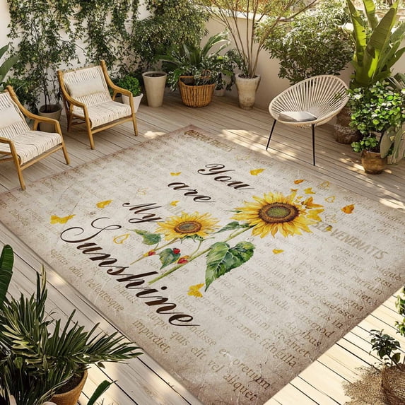 Sunflower Outdoor Rug 4x6 Ft - Reversible Patio Rug Outdoor Camping Rugs, Vintage Botanical Washable Indoor Outdoor Area Rugs, Non-Slip Outdoor Carpet Runner for Deck/Porch
