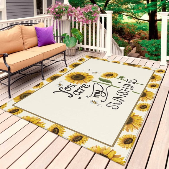Sunflower Outdoor Rug 5x7 Ft, Non Slip Washable Area Rug, Sunshine Bee Country Farm Floral Bee Patio Rugs Carpet Runner, Large Floor Mat for Indoor/Outdoor Deck Porch Camping