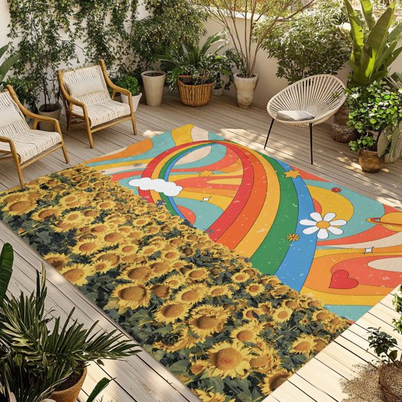 Sunflower Outdoor Rug 5x8 Ft - Reversible Patio Rug Outdoor Camping Rugs, Rainbow Desert Tropical Plants Cartoon Daisy Washable Indoor Outdoor Area Rugs, Non-Slip Outdoor Carpet Runner for Deck/Porch