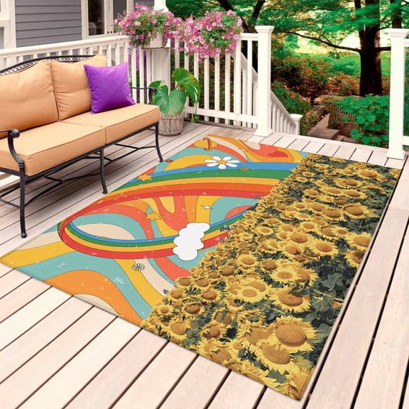 Sunflower Outdoor Rug 6x9 Ft, Non Slip Washable Area Rug, Rainbow Desert Tropical Plants Cartoon Daisy Patio Rugs Carpet Runner, Large Floor Mat for Indoor/Outdoor Deck Porch Camping