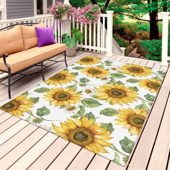 Sunflower Outdoor Rug for Patio/Deck/Porch, Non-Slip Large Area Rug 3 x 5 Ft, Farmhouse Watercolor Botanical Summer Indoor Outdoor Rugs Washable Area Rugs, Reversible Camping Rug Carpet Runner