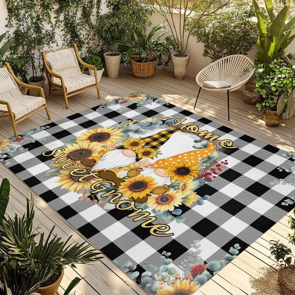 Sunflower Outdoor Rug for Patio/Deck/Porch, Non-Slip Large Area Rug 3 x 5 Ft, Gnomes Black White Checkered Farmhouse Indoor Outdoor Rugs Washable Area Rugs, Reversible Camping Rug Carpet Runner