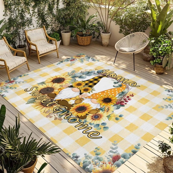 Sunflower Outdoor Rug for Patio/Deck/Porch, Non-Slip Large Area Rug 3 x 5 Ft, Gnomes Yellow Checkered Eucalyptus Leaves Indoor Outdoor Rugs Washable Area Rugs, Reversible Camping Rug Carpet Runner