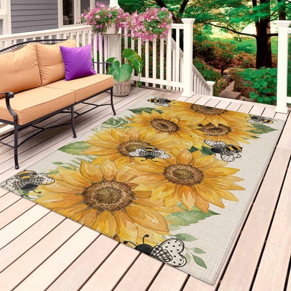 Sunflower Outdoor Rug for Patio/Deck/Porch, Non-Slip Large Area Rug 3 x 5 Ft, Green Botanical Yellow Floral Summer Rustic Indoor Outdoor Rugs Washable Area Rugs, Reversible Camping Rug Carpet Runner