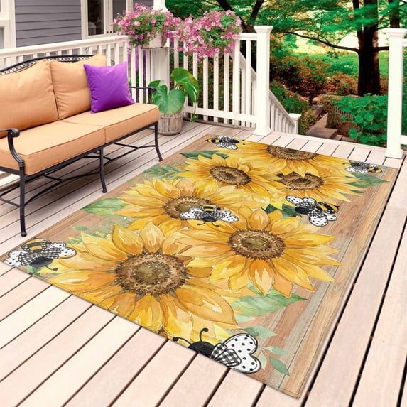 Sunflower Outdoor Rug for Patio/Deck/Porch, Non-Slip Large Area Rug 3 x 5 Ft, Green Botanical Yellow Floral Vintage Indoor Outdoor Rugs Washable Area Rugs, Reversible Camping Rug Carpet Runner
