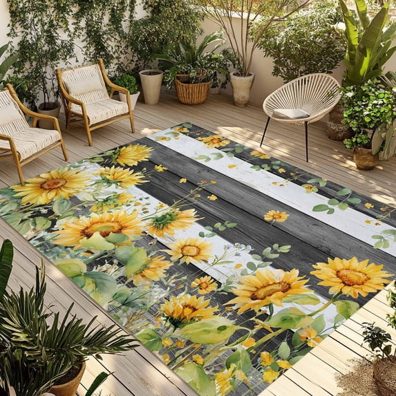 Sunflower Outdoor Rug for Patio/Deck/Porch, Non-Slip Large Area Rug 5 x 7 Ft, Summer Eucalyptus Botanical Floral Grey Wood Indoor Outdoor Rugs Washable Area Rugs, Reversible Camping Rug Carpet Runner