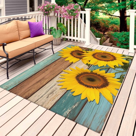 Sunflower Outdoor Rug for Patio/Deck/Porch, Non-Slip Large Area Rug 5 x 7 Ft, Yellow Spring Flora Botanical Teal Brown Wooden Indoor Outdoor Rugs Washable Area Rugs, Camping Rug Carpet Runner