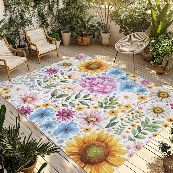 Sunflower Outdoor Rug for Patio/Deck/Porch, Non-Slip Large Area Rug 5 x 8 Ft, Colorful Flowers Summer Botanical Watercolor Indoor Outdoor Rugs Washable Area Rugs, Reversible Camping Rug Carpet Runner