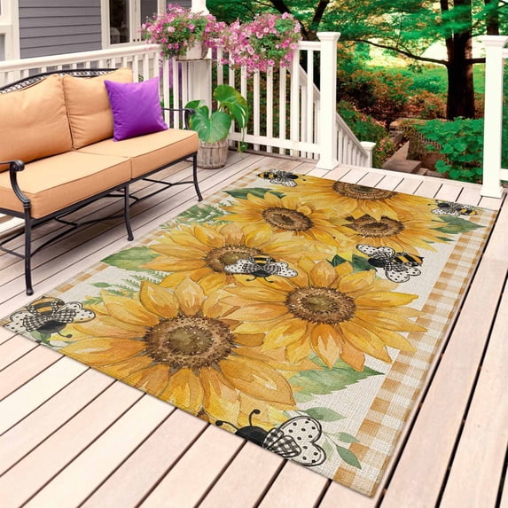 Sunflower Outdoor Rug for Patio/Deck/Porch, Non-Slip Large Area Rug 5 x 8 Ft, Green Botanical Yellow Floral Rustic Plaid Indoor Outdoor Rugs Washable Area Rugs, Reversible Camping Rug Carpet Runner