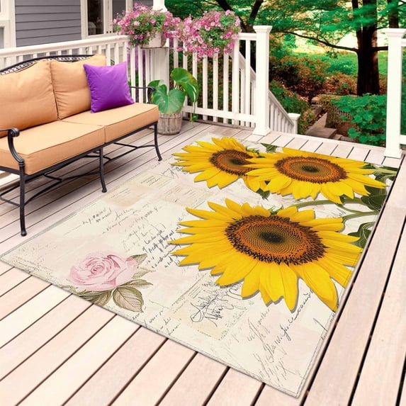 Sunflower Outdoor Rug for Patio/Deck/Porch, Non-Slip Large Area Rug 5 x 8 Ft, Yellow Spring Flora Summer Botanical Vintage Indoor Outdoor Rugs Washable Area Rugs, Reversible Camping Rug Carpet Runner