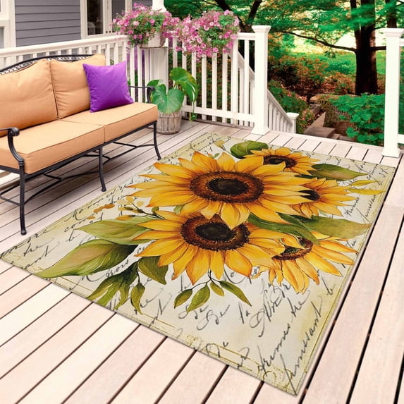 Sunflower Outdoor Rug for Patio/Deck/Porch, Non-Slip Large Area Rug 6 x 9 Ft, Oil Painting Summer Botanical Indoor Outdoor Rugs Washable Area Rugs, Reversible Camping Rug Carpet Runner