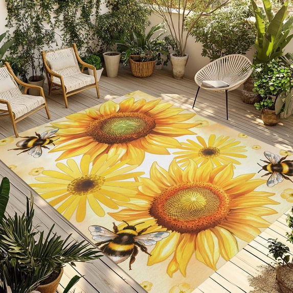 Sunflower Outdoor Rug for Patio/Deck/Porch, Non-Slip Large Area Rug 6 x 9 Ft, Yellow Floral Elegant Flowers Pastoral Indoor Outdoor Rugs Washable Area Rugs, Reversible Camping Rug Carpet Runner
