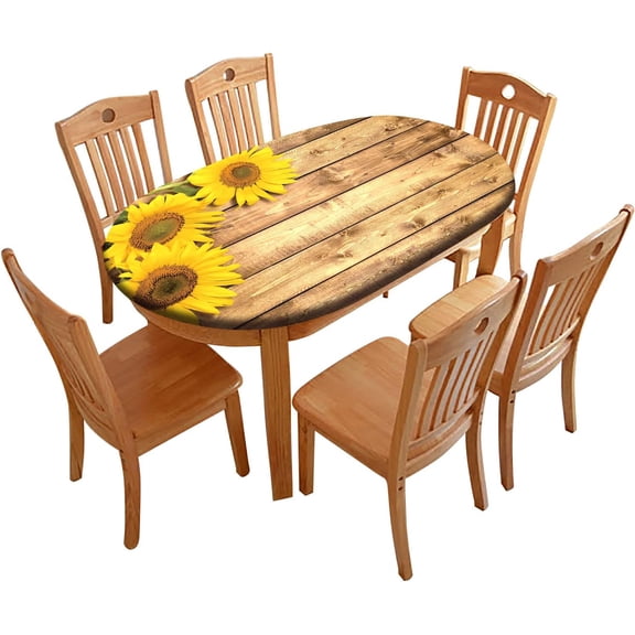 Sunflower Oval Fitted Tablecloth, Wood Grain Farmhouse Style Elastic Edged Cover, Waterproof Wrinkle Resistant Decor for Indoor Family Banquet, Fits Oblong 48" X 68" Table