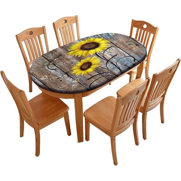 Sunflower Oval Fitted Tablecloths, Fits Tables up to 48" W x 68" L, Rustic Floral on Brown Door Waterproof Elasticized Table Cloth, for Indoor Holiday Family Banquet and Outdoor Patio Use, Yellow