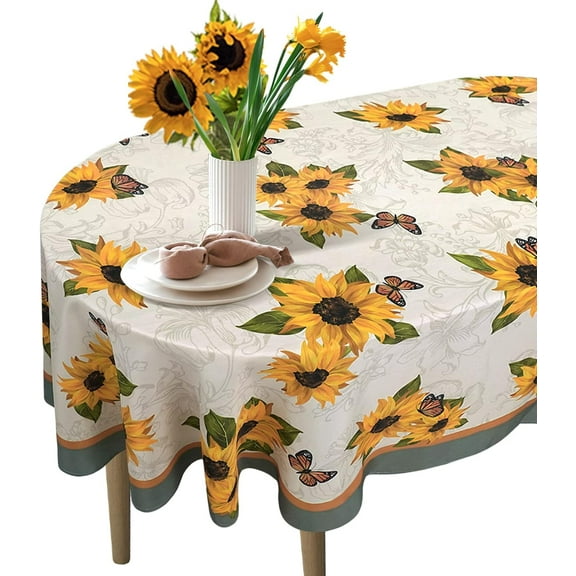 Sunflower Oval Tablecloth 60 x 84, Vintage Floral Tablecloth Table Cover, Washable Sunflowers Butterfly Table Cloths for Parties, Kitchen Dining Table, Polyester Fabric Flower Tablecloth, Decor