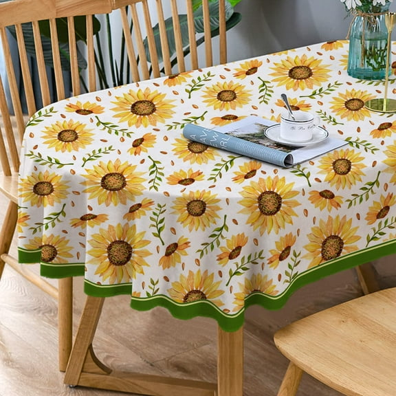 Sunflower Oval Tablecloth Yellow Floral Tablecloth, Indoor/Outdoor Waterproof Fabric Wrinkle Free Durable Oval Tablecloth for Oval Tables 54 X 72 Inch