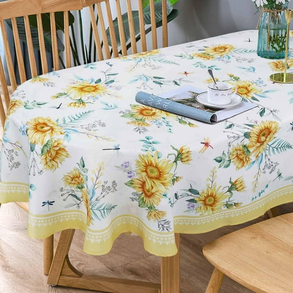 Sunflower Oval Tablecloth Yellow Floral Tablecloth, Indoor/Outdoor Waterproof Fabric Wrinkle Free Durable Oval Tablecloth for Oval Tables 60 X 102 Inch