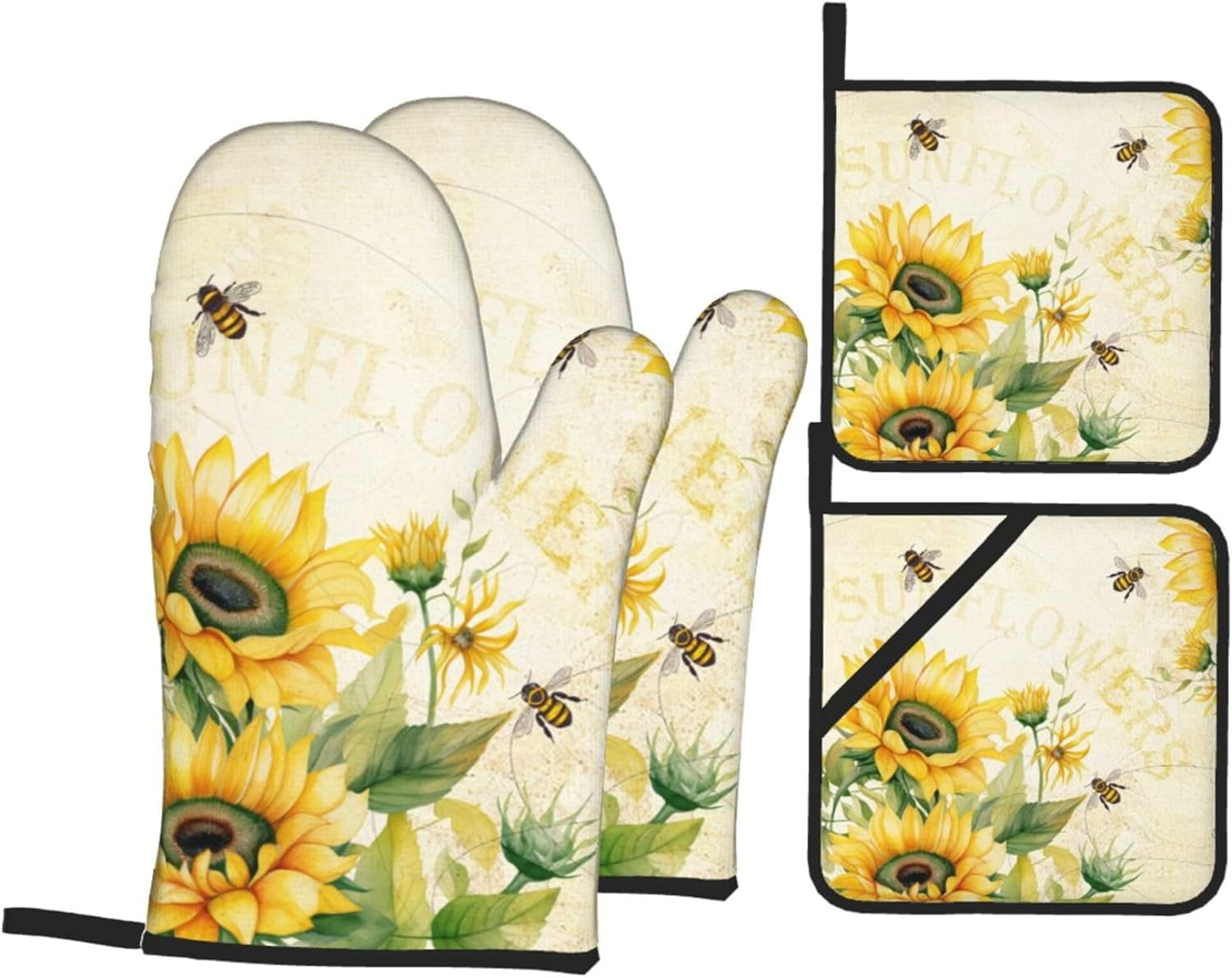 Sunflower Oven Mitts and Pot Holders Set of 4 Sun Flower Oven Mitts Heat Resistant Farmhouse Bee Potholders Non-Slip 4pcs Hot Pads Oven Gloves for BBQ Baking Grilling Kitchen Decor Housewarming Gift