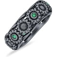 thumbnail image 1 of Sunflower Oxidized Statement Wedding Band Green Emerald Cubic Zirconia Black Tone 925 Sterling Silver, Size 8, 1 of 7