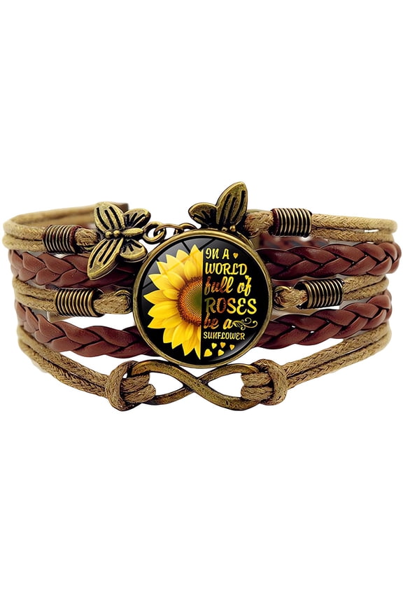 Sunflower PU Leather Cuff Bracelet for Women Handmade Boho Multi Strand Leather Wrap Wristband Brown Adjustable Rope Charms with Extender for Women Jewelry Valentine's Gift DIY