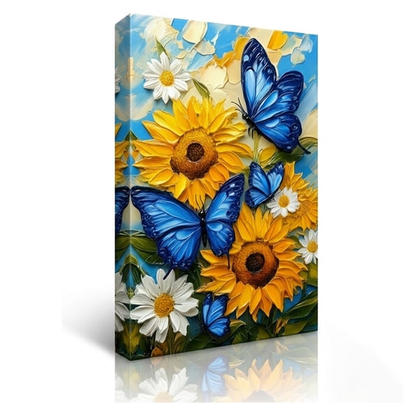 PORMIPONE Sunflower Butterfly Wall Art, 16x24in Framed Canvas, Colorful Floral Painting, Blue Butterfly Yellow Flower Wall Decor for Living Room Bedroom Kitchen