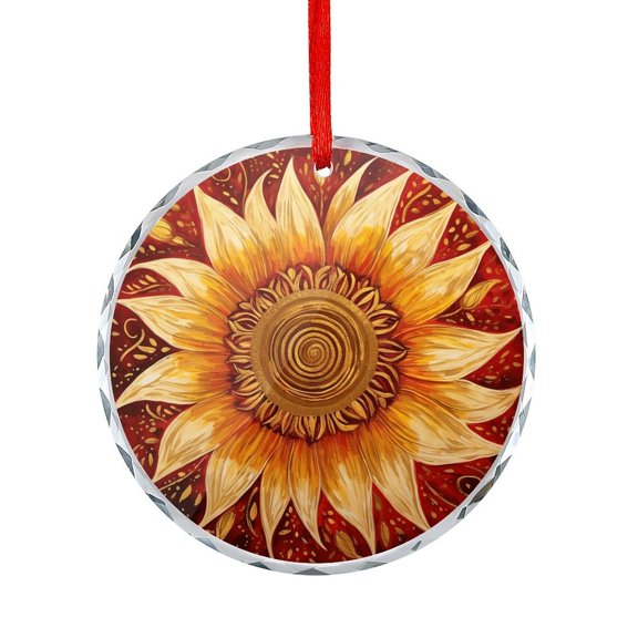 Sunflower Paintings On Red Wood Crystal Glass Ornament Ink Oil Painting Watercolor Yellow Sunflowers Hanging Ornament Xmas Decor Indoor Home Holiday Party Gifts