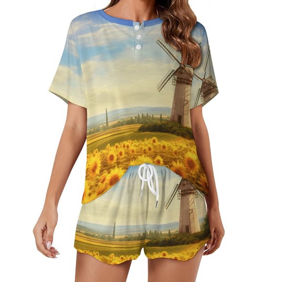 Sunflower Pajamas Set Womens Loungewear Sleepwear 2 Piece PJ Sets