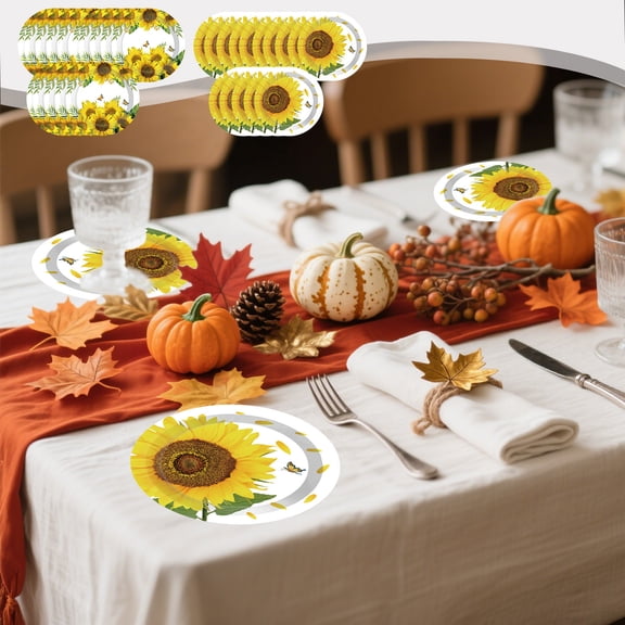 Sunflower Paper Plates Thanksgiving Party Tableware Disposable Dinner Plates Fall Harvest Autumn Party Supplies for Thanksgiving Gathering Holiday Celebration