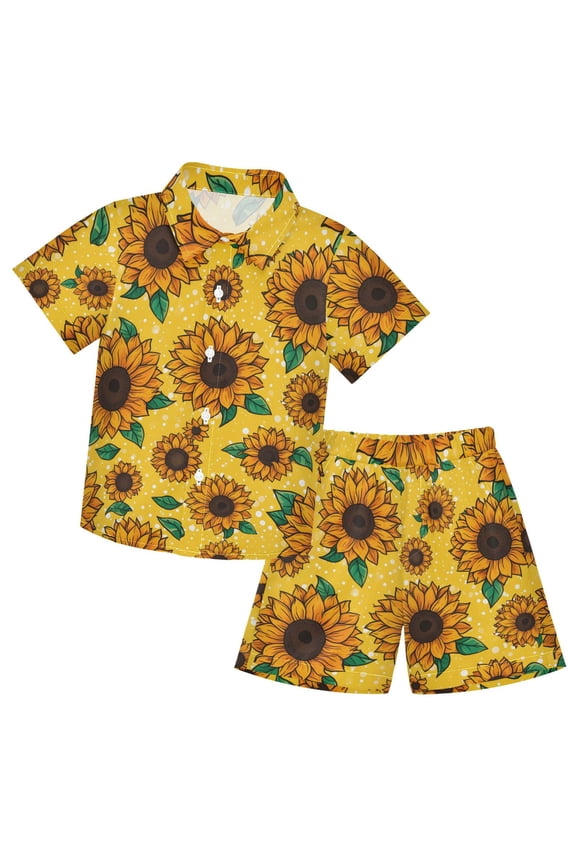 Sunflower Pattern Boys' Hawaiian Shorts Sets Button Down Shirts 3T-10Y for Beach Vacation