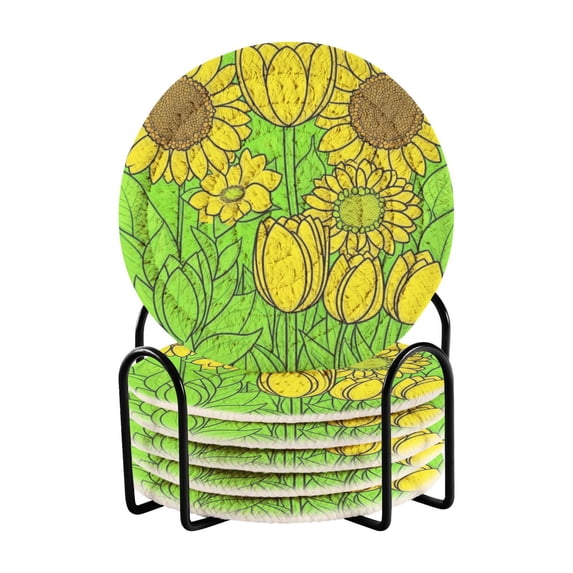 Sunflower Pattern Design 4in Bar Coasters Set of 6 with Storage Rack Durable Heat Resistant