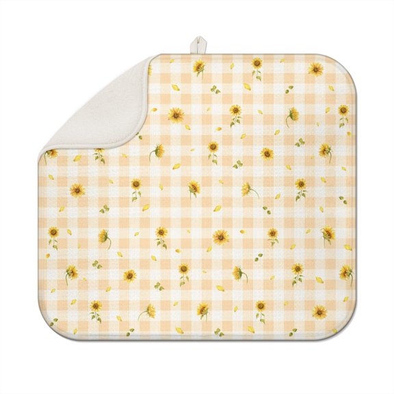 Sunflower Pattern Dish Drying Mat for Kitchen Use, Foldable Microfiber Counter Pad, Absorbent Rack Mat, 16x18 Inch