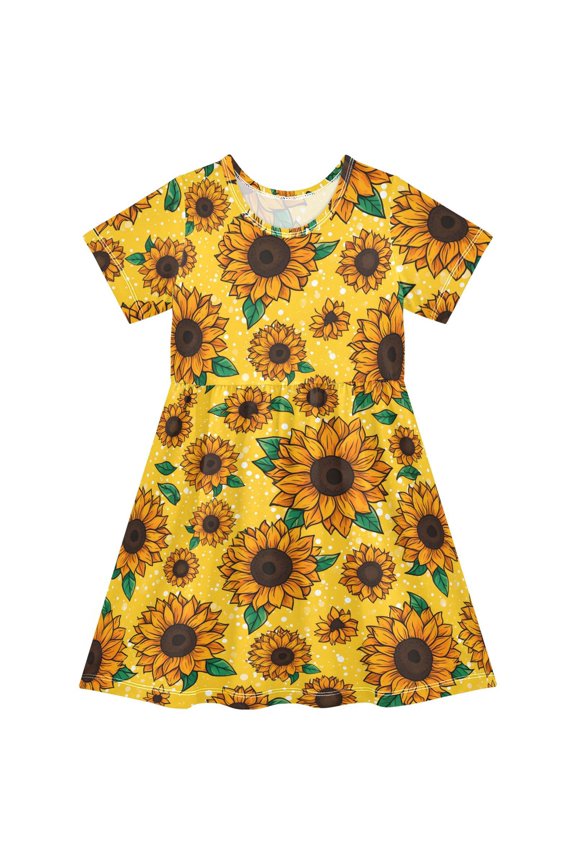 Sunflower Pattern Girls Short Sleeve Dress A Line Sun Protection Breathable Comfort Sundress 3T
