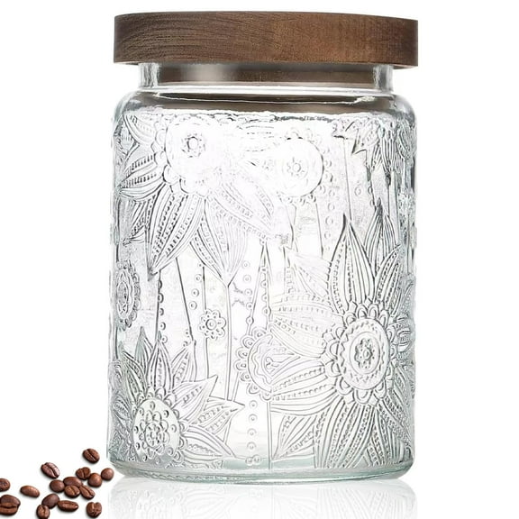 Vintage Inspired 24 Ounce Glass Jar with Wood Grain Lid, Airtight DryStorage Container for Sugar Flour Rice Pasta Cereal Cookies, Kitchen Counter Decor, Clear