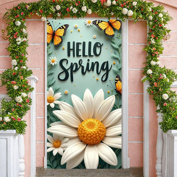 Sunflower Pattern Hello Sunshine Banner Design Sunflower Display Floral Wreath Orange Bow Backdrop for Home Decoration Photo Shoot Spring Party