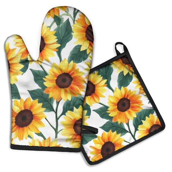 Sunflower Pattern Kitchen Oven Mitt and Pot Holder Sets 2 Pcs for Baking, Cooking and Grilling, Heat Resistant Up To 392 °F