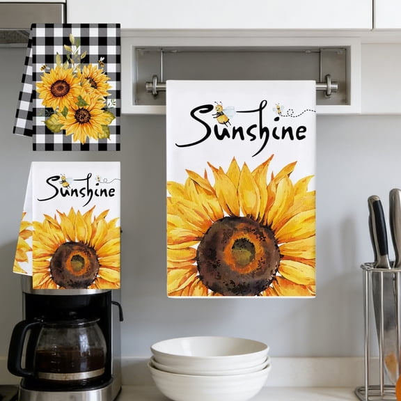 Sunflower Pattern Kitchen Towels, 100% Cotton Super Absorbent Lint-Free Dish Cloths & Hand Towels, Machine Washable Quick-Dry for Cooking Baking Kitchen Bar Cleanup Home Use, A