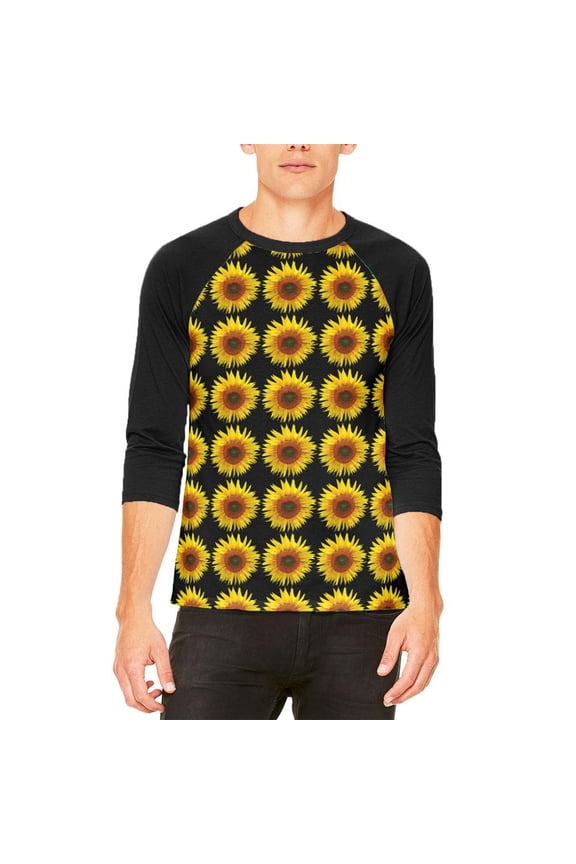 Sunflower Pattern Mens Raglan T Shirt White-Black MD