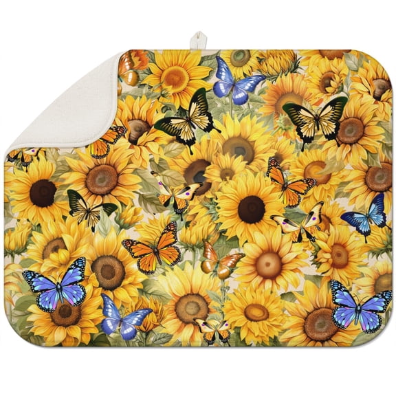 Sunflower Pattern Microfiber Dish Drying Mat, 18x24 Inch Kitchen Pad, Foldable Absorbent Rack Drainer for Sink Area