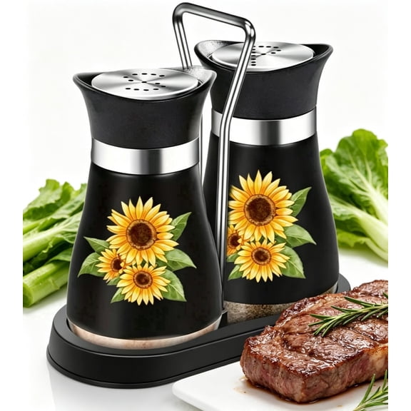 Sunflower Pattern Salt and Pepper Shakers Set (2 Pack), Easy to Fill & Identify,S/P Shaped Opening,Christmas gift(Black)