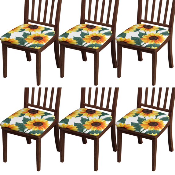 Sunflower Pattern Seat Covers for Dining Room Chairs Set Of 6,Stretch Printed Washable Chair Seat Cover with Elastic Ties and Button,Removable Waterproof Couch Cushion Covers