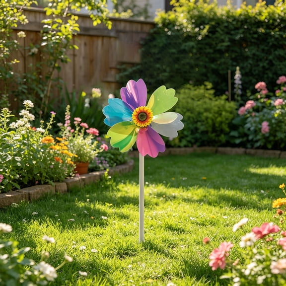 Sunflower Pattern Wind Spinner with Wooden Stake for Garden and Patio Decoration Colorful Rotating Design for Outdoor Visual Interest and Landscape Enhancement in Residential Outdoor Spaces