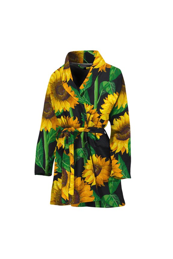 Sunflower Pattern Women Bathrobe One Size Univeral Fits Fashion Lightweight Plush Fleece Long Robe For Women